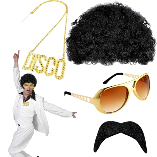 70er Jahre Bekleidung Herren,dellyy Hippie Kostüm Herren,70er 80er Jahre Perücke Disco Hippie Kostüm Set,Hippie Accessoires,Afro Perücke,Für Cosplay,Halloween,Karneval Kostüm Thema Party Usw (Schwarz) von dellyy