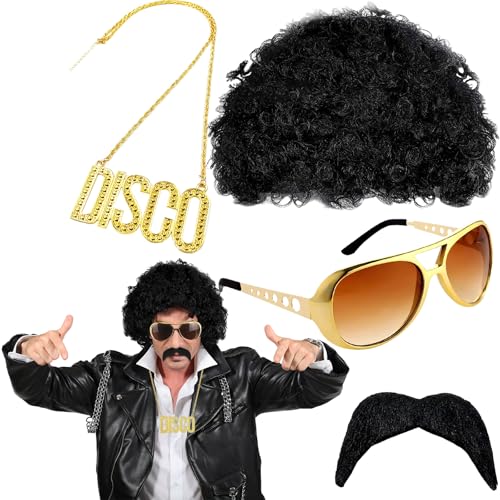 70er Jahre Bekleidung Herren,dellyy Hippie Kostüm Herren,70er 80er Jahre Perücke Disco Hippie Kostüm Set,Hippie Accessoires,Afro Perücke,Für Cosplay,Halloween,Karneval Kostüm Thema Party Usw (Schwarz) von dellyy