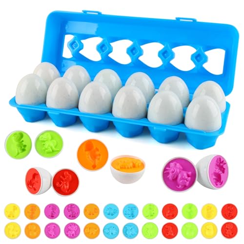 dellyy 12PCS Montessori Puzzle Eier für Kleinkinder 1-3 Jahre, Farbe Form Sortierspielzeug mit Farb und Formerkennung, Feinmotorik Lernspielzeug, Ideale Ostergeschenke (Dinosaurier Muster blau) von dellyy