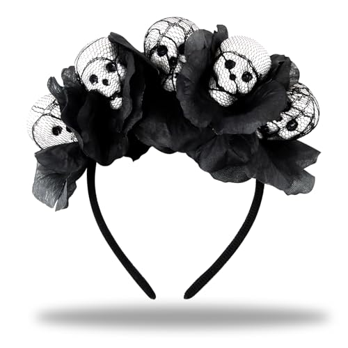 Totenkopf Haarreif, delly Blumen Haarreif Tag der Toten, Haarband mit Schwarzen Rosen, Haarschmuck Halloween Haarreifen, Haarkranz Blumen Schwarz, Kopfschmuck für Fasching von dellyy