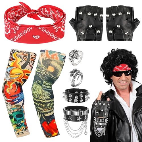 dellyy 9 Stücke Punk Gotik Rocker Kit, Punker Kostüm Zubehör,80s Hip Hop Kostüm Set,Schwermetall Disco Rocker Verkleidung Zubehör,mit Fake Tattoo Ärmel Bandana Schwarz PU Handschuhe Armband und Ringe von dellyy