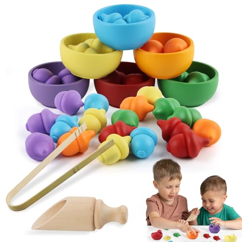 dellyy Montessori Spielzeug ab 1 Jahr, 26 PCS Verschiedenfarbige Eicheln Holz Sortier Spielzeug, Sensorik Spielzeug für Farbsortierung und Zählen, Geschenk ab 2 3 4 5 Jahr von dellyy