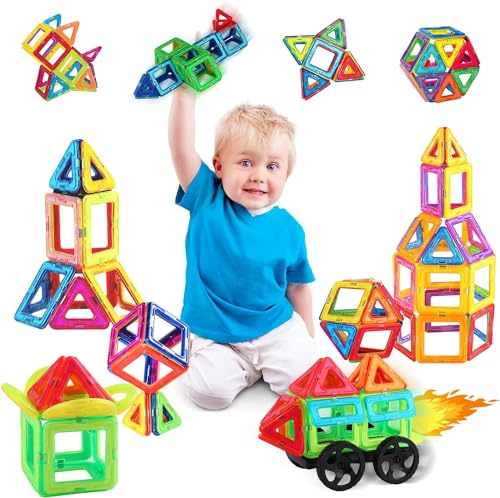 dellyy Magnetische Bausteine 46 Teile, Magnetspielzeug, Magnetbausteine Groß, Magneten Kinder Spielzeug Ab 3 4 5 6 7 8 9 10 Jahre Jungen Mädchen, Pädagogische Geschenke für Kinder, Bauspielzeug von dellyy