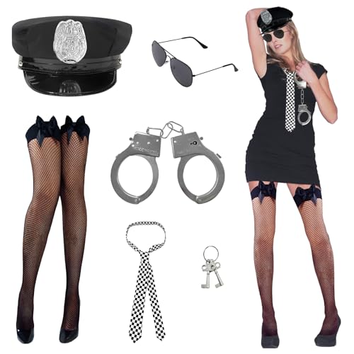 dellyy Polizei Kostüm Damen, Polizei Kostüm Zubehör, Polizei Karneval Set, Polizei Uniform mit Hut, Krawatte, Sonnenbrille, Handschellen, Socken, Karneval Halloween Cosplay Polizei Kostümanzug von dellyy