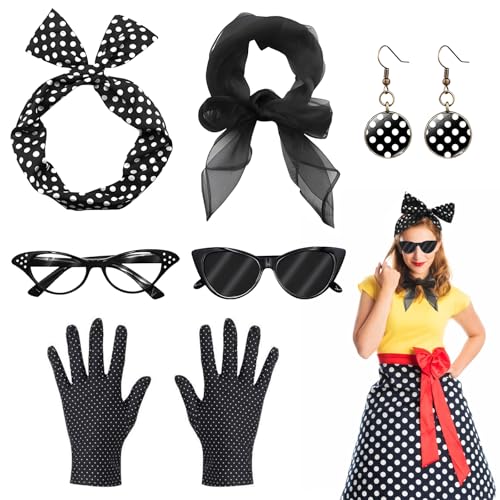 dellyy Rockabilly Accessoires Damen, 6 Stück 50er Jahre Kleider Damen Zubehör mit Polka Dot Stirnband Chiffon Schal Ohrringe Handschuhe Katzenaugen Sonnenbrille, Kleidung Vintage Zubehör von dellyy