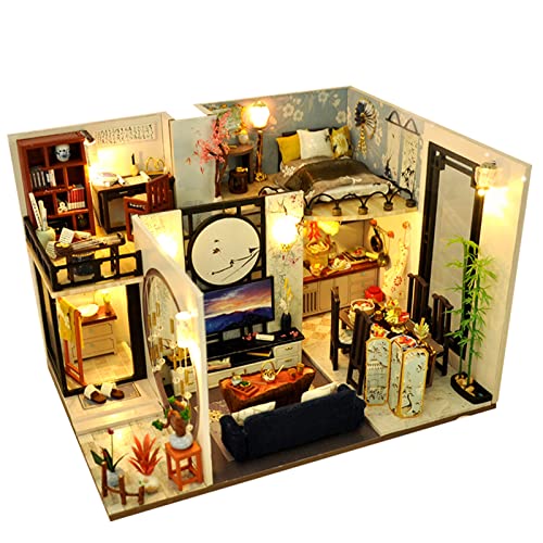 delr Miniatur-Haus-Set | Miniatur-Zimmer-Set zum Basteln mit Möbeln | Miniatur-Set zum Basteln im chinesischen Stil mit Staubschutzdeckel, Tee-Zubehör von delr