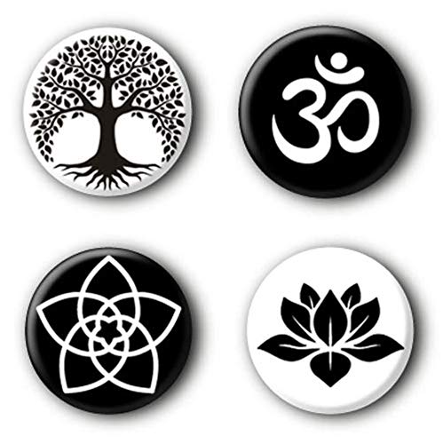 4 Esoterik Buttons Om Baum des Lebens Anstecker Yoga Meditation Buttonset (2,5cm) von der-buttonshop