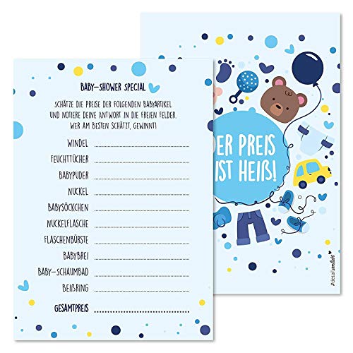 #detailverliebt 15 Spiel-Karten zur Baby-Party I dv_161 I DIN A6 I Set Baby-Party blau Junge Boy Invitations Spiele Quiz Preise schätzen von #detailverliebt