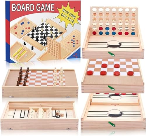 5-in-1-Kinderschach- Und Damespielset Für Kinder Und Erwachsene, Tischhockeyspiel, Shut The Box-Spiel Aus Holz, Vier-in-einer-Reihe-Spiel, Bungee-Tischspiel, Tragbares Reisebrettspiel-Geschenkpaket von dewdat