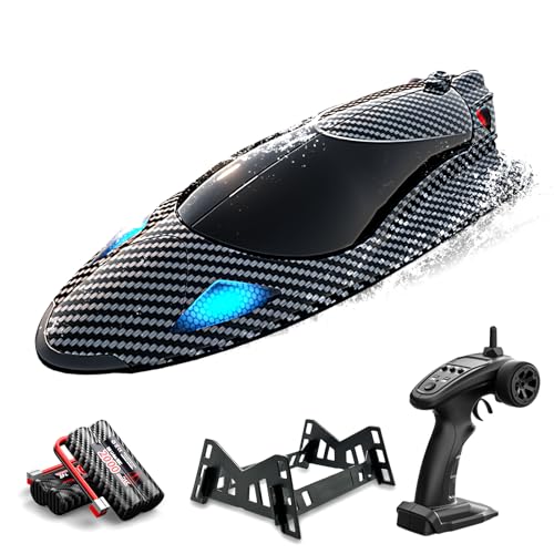 dexinco RC Boot, Hochgeschwindigkeits Ferngesteuertes Boot 35km/h, 2,4 GHz schnelle Rennboote mit LED-Leuchten, 2 Akkus, Halterung, Pools und Seen Spielzeug Geschenk für Kinder und Erwachsene von dexinco