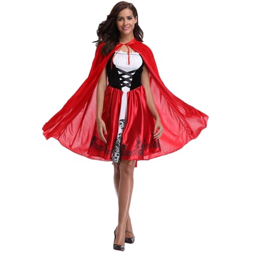 Rotkäppchen-Kostüm für Damen, Halloween, Cosplay, Rotkäppchen, Outfit, Umhang, volle Länge, mit Kapuze, rubinrot, Medium von dgdgcool