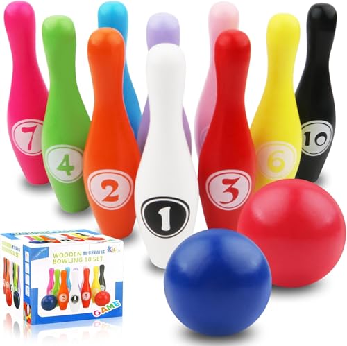 dingdongji Bowlingspiel für Kinder, Kegelspielset, 10 Kegel und 2 Bälle, Kegelspielzeug für Kinder im Innen- und Außenbereich von dingdongji