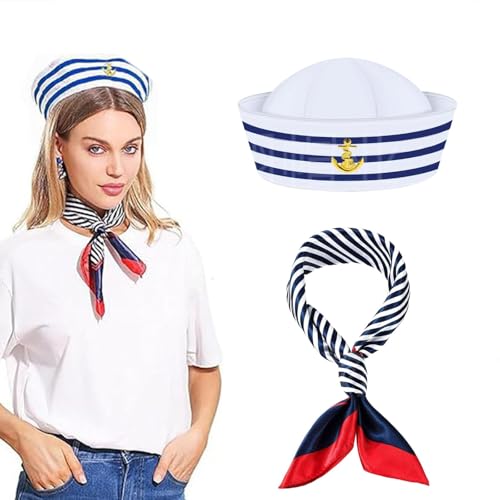 Dinghaole 2 Stück Matrosenmütze und Schal, Sailor Hat Schal Set für Männer und Frauen, Quadratischer Schal, Marineblaues Outfit, Kostümzubehör für Damen und Herren von dinghaole