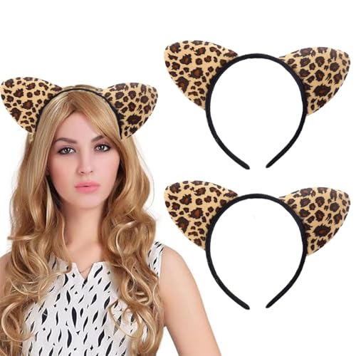 dinghaole 2 Stück Stirnband mit Leopardenohren, Leopard Haarreif, Katzenohr Stirnbänder, Haarreif Leopardenohren, Stirnband Leoparden, Accessoires für Festivals Partys Erwachsene Kinder von dinghaole