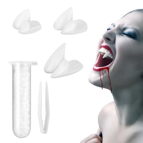 dinghaole 3 Paar Halloween Vampirzähne Gebiss Fangs, Halloween Party Cosplay Geschenke, Vampir Fangs Gefälschte mit 1 Rohr Zähne Pellets Klebstoff für Party Cosplay, Halloween, Demon, Witch von dinghaole