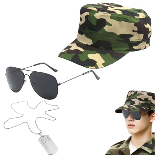 Dinghaole 3 Stück Flieger Captain Kostüm Set - Camo Hüte Cosplay Pilotenkostüm mit Tarnhut, Sonnenbrille & Erkennungsmarke für Erwachsene Perfekt für Cosplay, Halloween Party von dinghaole