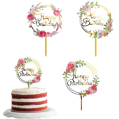 dinghaole 3 Stück Happy Birthday Kuchen Topper Set mit Blumen, Blumen Tortendeko Geburtstag, Happy Birthday Kuchen Topper alle Arten von Geburtstag Party Hochzeit Kuchen Topper von dinghaole