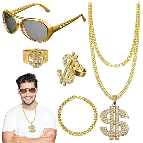 dinghaole 5 Stück Zuhälter Kostüm Herren, Hip Hop 80er 90er Jahre Outfit mit Goldkette, Gangster Goldkette Sonnenbrille Dollar Kette Ring für Karneval Fasching Halloween Cosplay Karneval Fasching von dinghaole