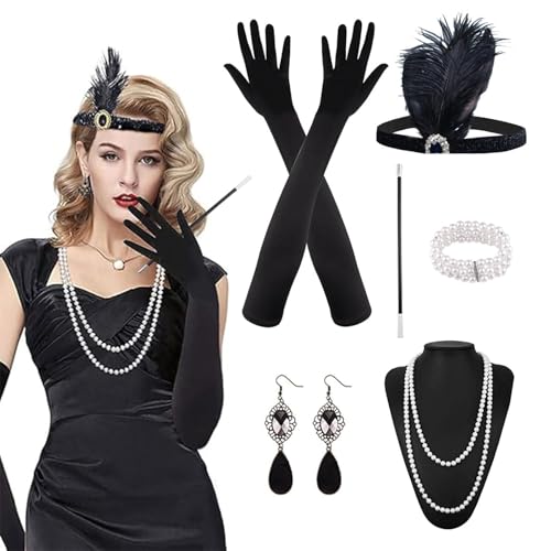 dinghaole 6 Stück 1920er Jahre Accessoires für Damen, Great Gatsby Accessoires Damen, Mode Brüllende 20er Jahre Thema-Set mit Stirnband, Kopfbedeckung, lange schwarze Handschuhe, Halskette, Ohrringe von dinghaole