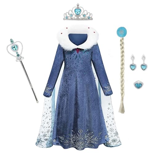 Elsa Prinzessin Kleid,Frozen Elsa Kostüm für Mädchen Kleid mit Zubehör,Schneeflocke Plüschkragen Kleid für Kinder Cosplay, Karneval,Eisprinzessin, Weihnachten, Halloween, Festliches Partykleid von discoball