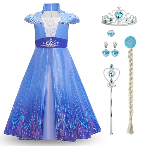 discoball Frozen Elsa Mädchen Kleid, Anna Elsa Kinder Kleid mit Zubehör Prinzessin Schneekönigin Kostüm Ausgefallenes Geburtstagsoutfit Halloween Kostümparty Cosplay Kostüm von discoball