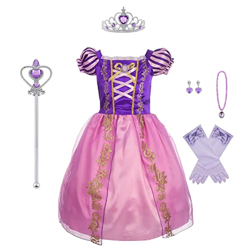 discoball Rapunzel Kostüm Mädchen Prinzessin Kleid Märchen Rollenspiel Festkleid mit Puffärmeln für Halloween Geburtstag Cosplay Party(100) von discoball