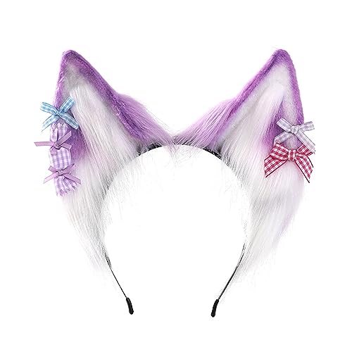 divuukyi Haarreif mit pelzigen Ohren für Frauen mit Fliege, Plüsch-Haarband, LolitaStyle, Cosplay, Stirnband, Party, Kostüm, Halloween, Kopfschmuck von divuukyi