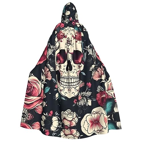 dkkuvt Blumen-Totenkopf-Ornament-Muster, geeignet für Männer und Frauen, Halloween-Kostüm, Kapuzenumhang, Umhang für Erwachsene, Umhang von dkkuvt