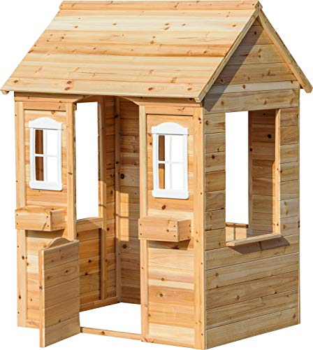 dobar® 94810FSCe Spielhaus mit Blumenkästen | Kinder Outdoorhaus 1,10 m Höhe | Gartenspielhaus aus Massiv-Holz | Wetterfestes Kinderhaus mit Fenster | 107 x 92 x 144,5 cm | Natur von dobar