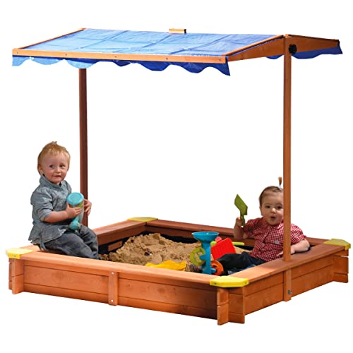 dobar® Sandkasten aus Massivholz | Schwenkbares & höhenverstellbares Dach | Sandkiste mit Plane | Sandbox inkl. Bodenplane | Kinder-Sandkasten Outdoor | 112 x 112 x 112 cm | Blau von dobar