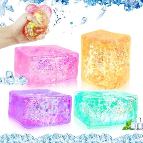 4 Stück Ice Cube, Stressbälle für Kinder Fidget Toy Sensorische Ball Stress Spielzeug Farbe Zufällig Verbessert Griffstärke Stress Ball würfels stressball für Kinder Erwachsene Angst und stressabbau von donciety