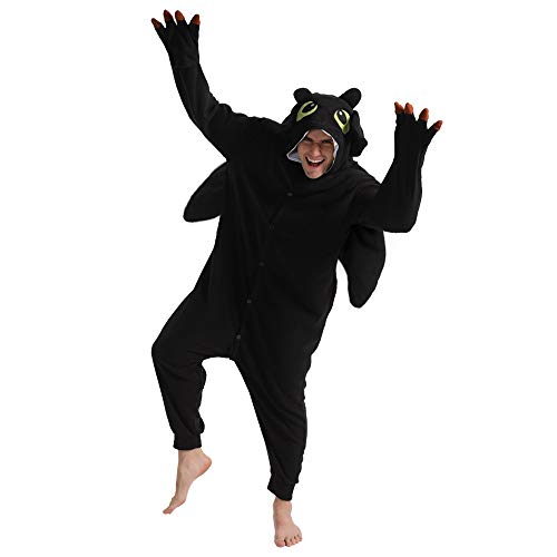 dressfan Tier Drache Kostüm Drache Jumpsuits Drache Pyjamas Cosplay Kostüm Weihnachten Halloween Schlafanzug für Unisex Erwachsene Jugendliche Kinder Schwarz M von dressfan