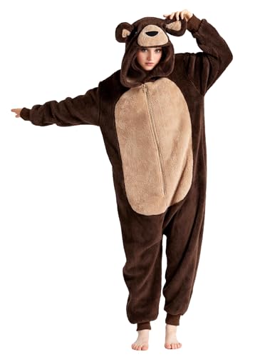 dressfan Unisex Erwachsene Flauschig Süßer Braun Bär Onesie Pyjama Kostüm,Shu Velveteen Bär Schlafanzug Halloween Karneval Kostüm Weihnachtsgeschenke für Damen & Herren,L von dressfan