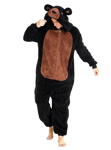 dressfan Unisex Erwachsene Flauschig Süßer Schwarz Bär Onesie Pyjama Kostüm,Shu Velveteen Bär Schlafanzug Halloween Karneval Kostüm Weihnachtsgeschenke für Damen & Herren,L von dressfan