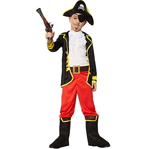 dressforfun 900356 - Jungenkostüm Piratenprinz, langärmelige Jacke, Rüschenhemd, Hose mit Stiefelstulpen und Gürtel, inkl. Hut und Augenklappe (152 | Nr. 301762) von dressforfun