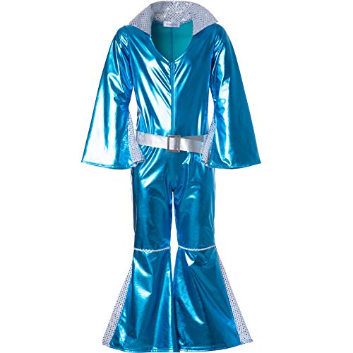 dressforfun 900495 - Mädchenkostüm glitzerndes Disco Starlet, Einteiler aus neonblauem Glanzstoff inkl. Gürtel (158 | Nr. 302368) von dressforfun