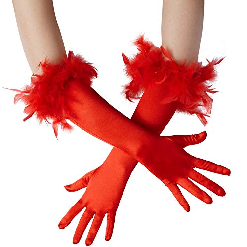 dressforfun 901030 Damen Handschuhe mit Federn, elegante Opern Federhandschuhe, Fasching Karneval - diverse Farben - rot von dressforfun