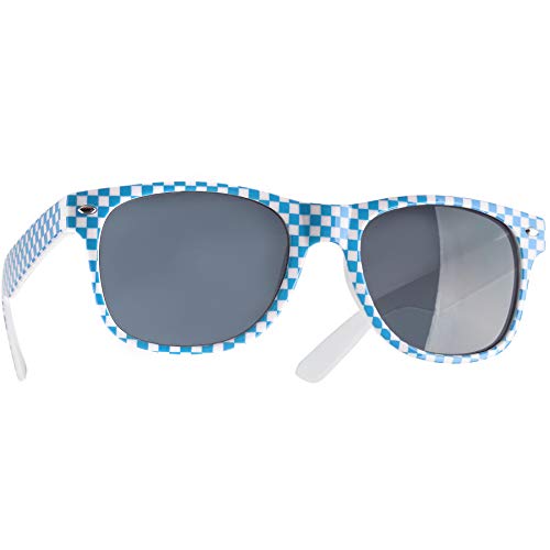 dressforfun retro Brille, Party Sonnenbrille, kariertes Gestell, für 90er Jahre Party, Oktoberfest, Ballermann Mottopartys, Fotobox Accessoires, Festival Gadget, JGA Zubehör - blau/weiß, 1 Stück von dressforfun