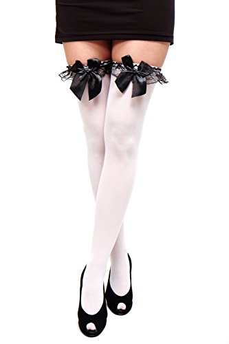 DRESS ME UP - Karneval Fasching Cosplay Strümpfe Overknee Kniestrümpfe Zofe Gothic Lolita Maid weiß Schleife Kawaii DWS-002-wb von dressmeup