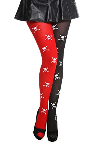 dressmeup K0820-red&Black Strumpfhose Damenstrumpfhose Karneval Halloween Rot Schwarz Totenköpfe Pirat Punk von dressmeup