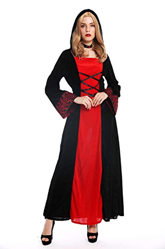 dressmeup W-0032 Kostüm Damen Frauen Karneval Halloween Kleid lang Kapuze Mittelalter Elfe Prinzessin schwarz rot S von dressmeup