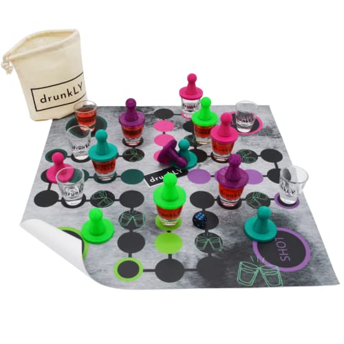 drunkLY Mensch betrink Dich Nicht - Trinkspiel und Partyspiel mit 12 Gläsern und Spielfiguren, Wasserdicht, Rollbar - Made in Germany - Paket S von drunkLY