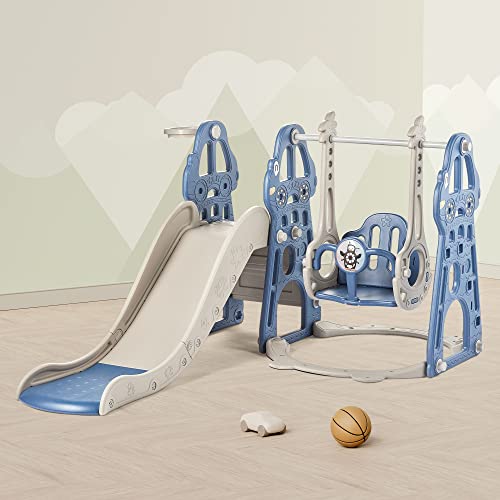 4 in 1 Kleinkind Rutsche und Schaukel Set mit extra großem Spielplatz, Basketballkorb & Kletterer, Indoor/Outdoor Spielset, Taxi Collection - Blau von duke baby