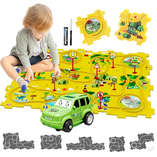 Auto Spielzeug Autorennbahn Spielzeugauto 12pcs DIY-Puzzlebahn für Kinderspielzeug DIY-Route Cars Spielzeug Geschenkspiele für Kinder Spielzeug ab 2 3 4 5 6 Jahren (Dinosaurier) von duoleey