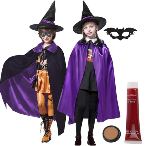 duoleey Halloween Kostüm Kinder Mädchen Junge Hexenkostüm Lila-schwarze Wendekleidung Umhang Zaubererhut Fledermausmasken-Hautwachs Kunstblut Set Halloween Hexe Teufel Vampir kostüm von duoleey