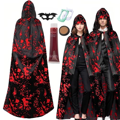 duoleey Halloween Kostüm Damen Herren Vampir Kostüm Erwachsene Schwarzer Umhang mit Kapuze mit Roter Handabdruck Fledermausmaske Kunstblut Hautwachs Vampir Zähne hexenkostüm (L) von duoleey