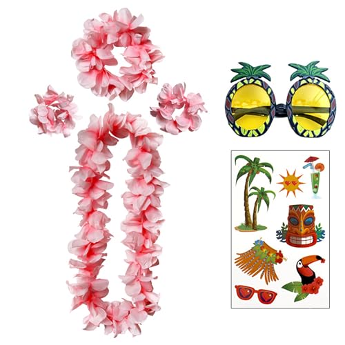 douyif Hawaiian Leis Ketten Girlande Blumen Halskette Blumenkette Hawaii Blumenstirnband Armband Aufkleber Hawaii Party Ananas-Brille für Hawaiian Luau Aloha Beach Party 6Pcs (Rosa) von duoyif