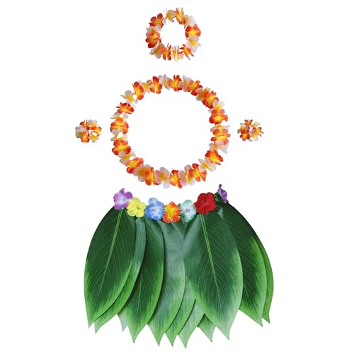 douyif Hula Hawaii Outfit 5 Stücke Grasrock Mit Blumenketten Hawaii Hula Rock Hawaii Kostüm für Beachparty Sommerfest Karneval Hawaii Strand Party Ostern Geburtstagsparty Hula 38cm von duoyif