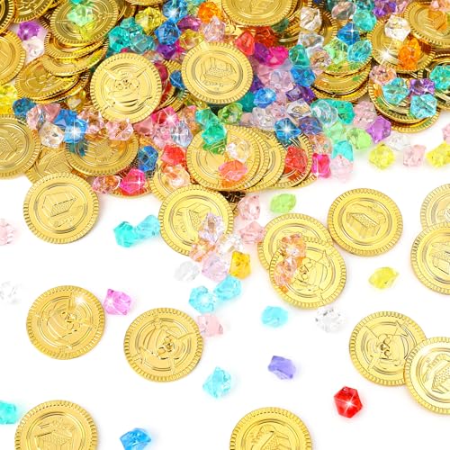 dusaniyali 300 Stück Piratenschatz, 100 Goldmünzen 200 Edelsteine Piraten, Piratenschatz Spielzeug Kinder Piratenparty Mitgebsel für Kinder von dusaniyali