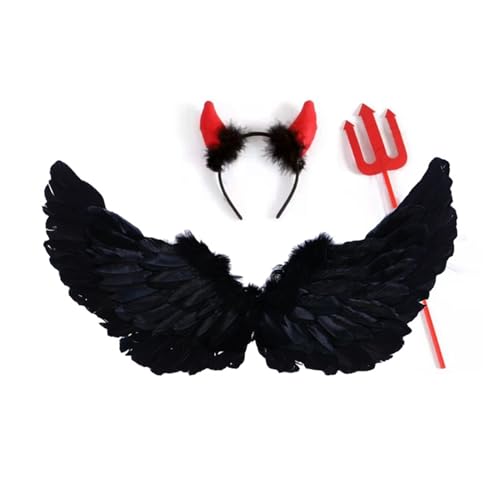 duwiikab Engelsflügel-Cosplay-Set, Flügel-Set für Erwachsene und Kinder, gefiedertes Engelsflügel-Set mit Stirnband, Zauberstab, Halloween-Cosplay-Kostüm für Erwachsene und Kinder F von duwiikab